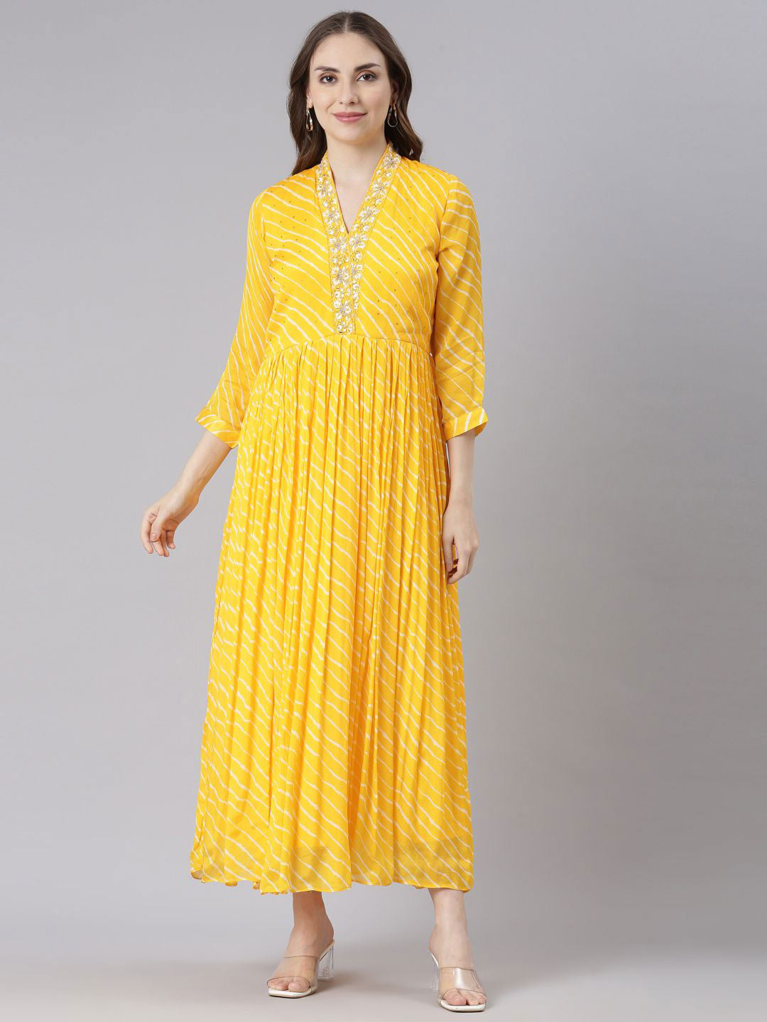 

Neerus Women Striped Maxi Dress, Yellow