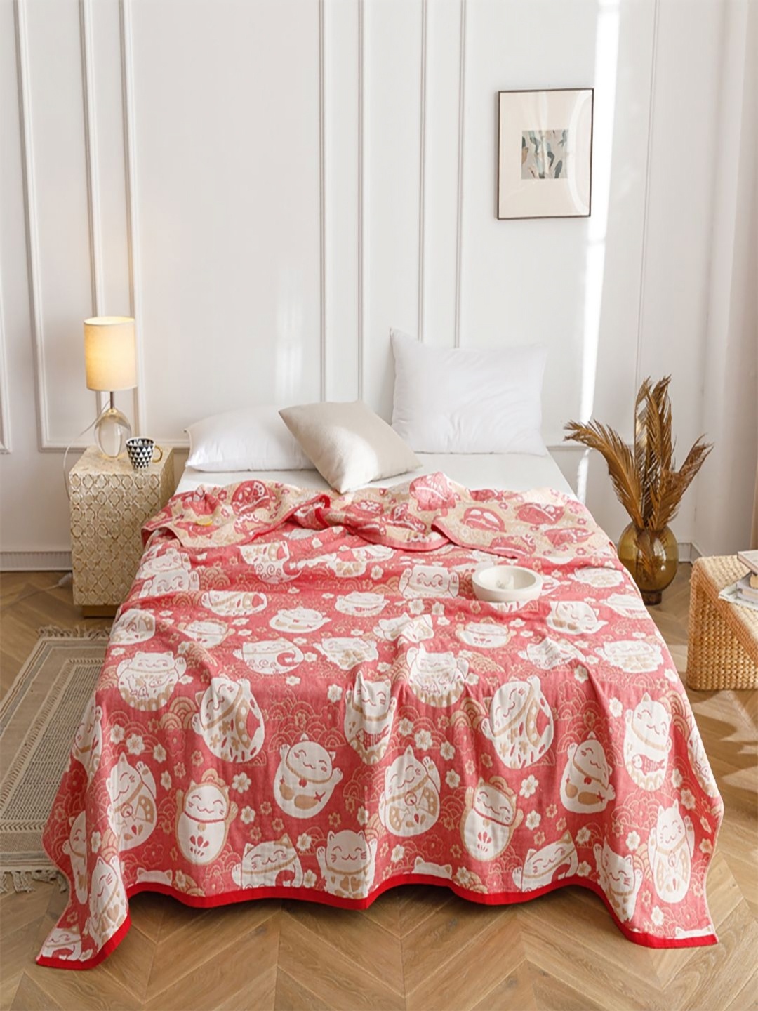 

JC HOME Red & White conversational Woven Design 350 GSM Pure Cotton Single Bed Quilt