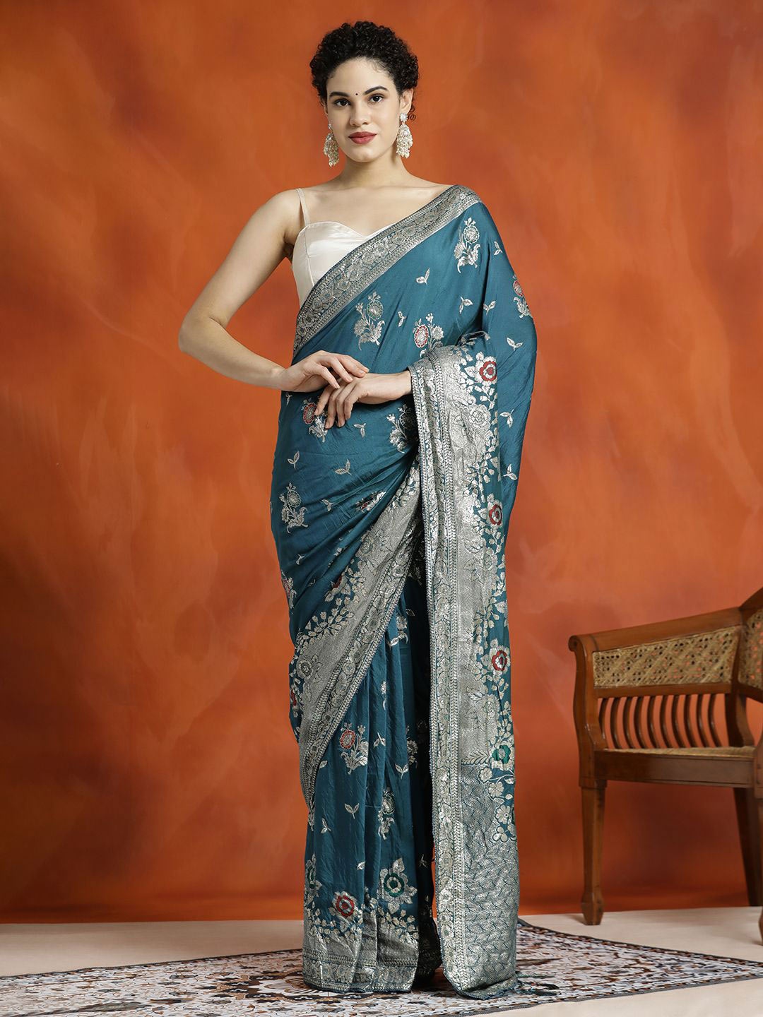 

Jaipur Kurti Heavy Banarasi Zari Woven Silk Blend Saree, Teal
