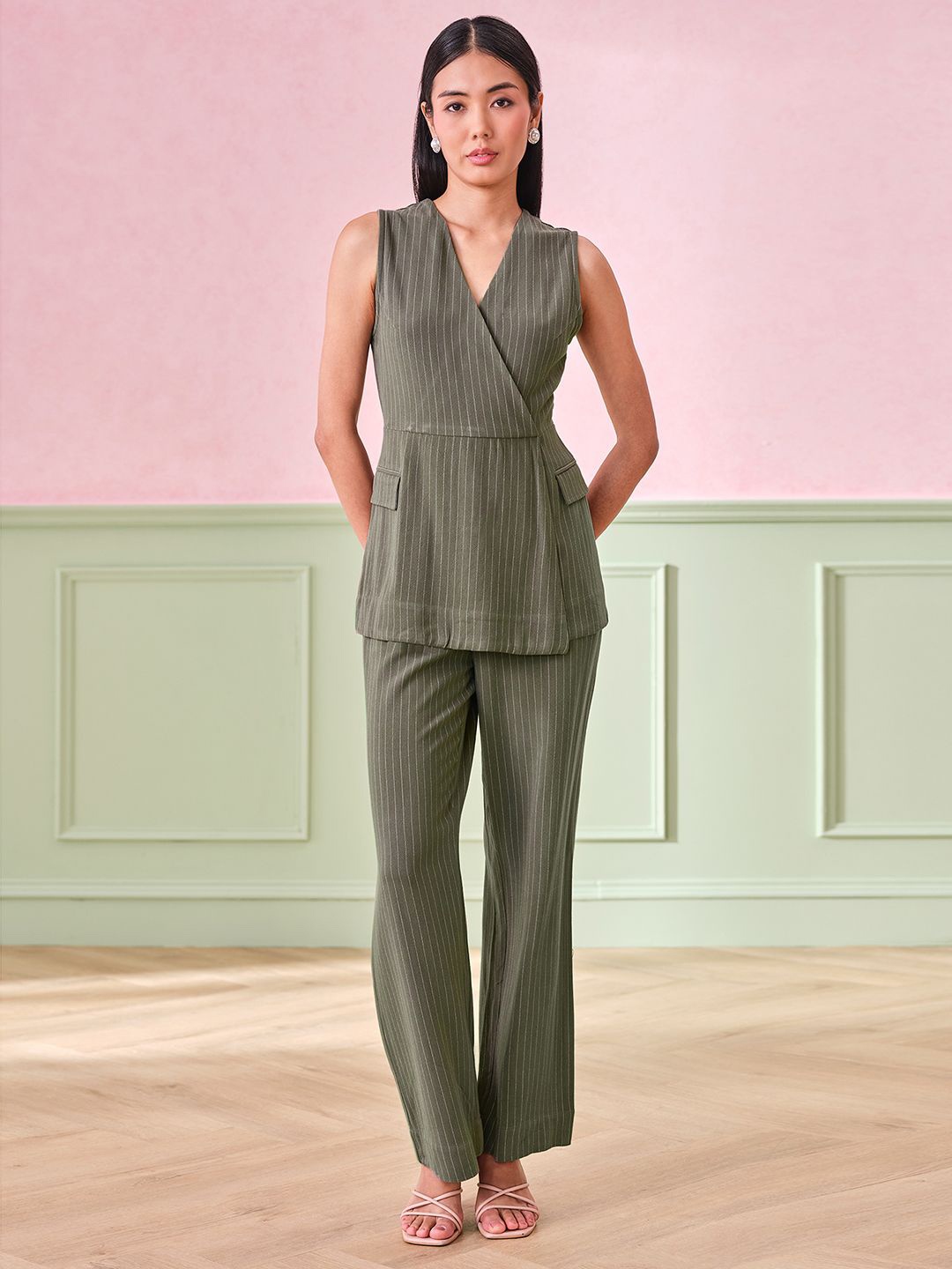 

AND Striped Sleeveless Top & Trouser, Olive