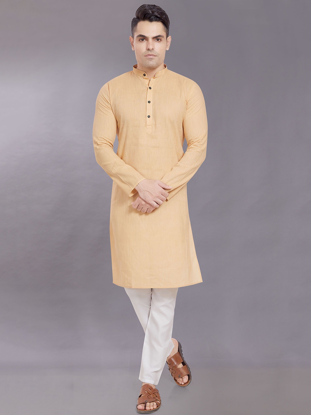 

DIVISIVE Mandarin Collar Regular Pure Cotton Kurta With Pyjama, Beige