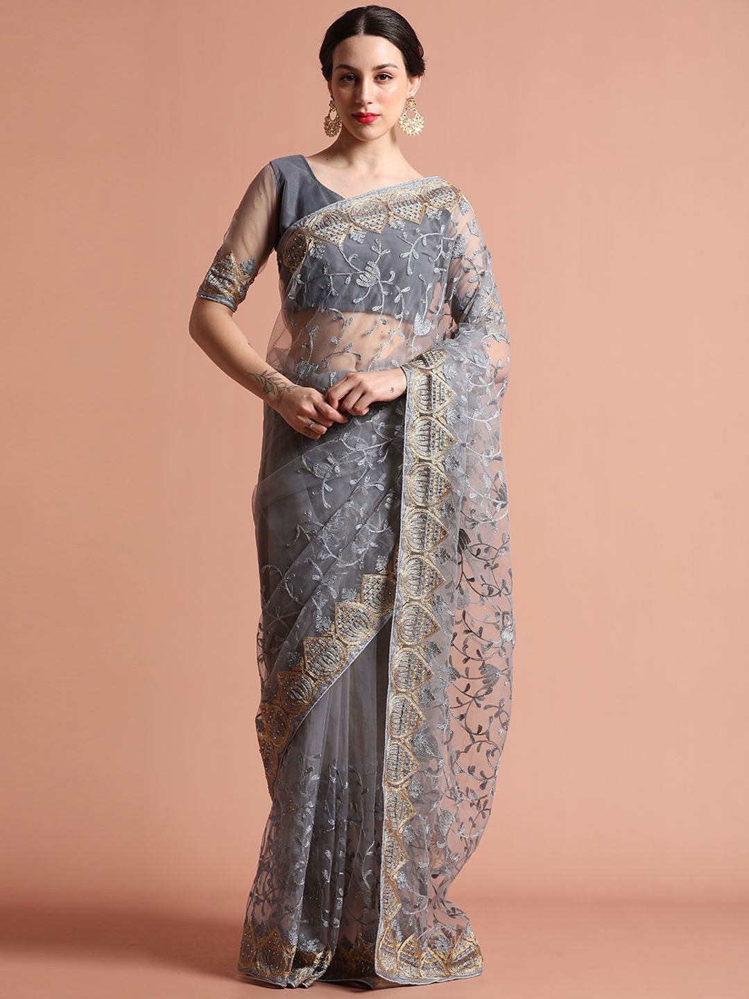 

Jaipur Kurti Floral Embroidered Net Party Wear Saree, Grey