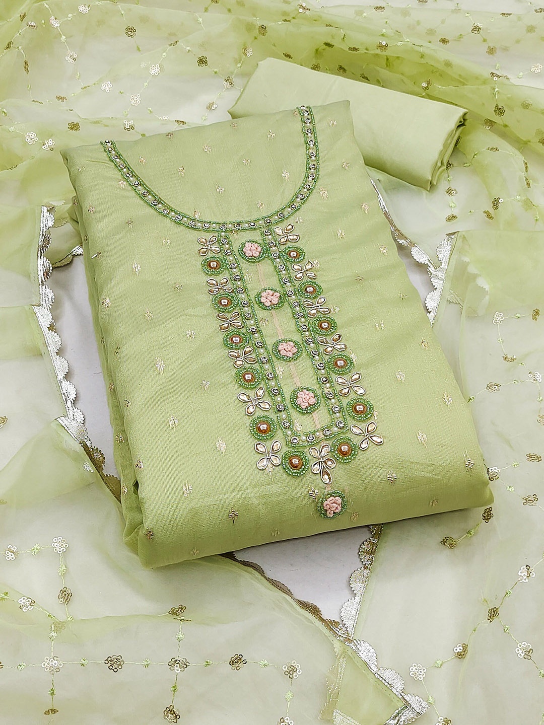

KALINI Floral Embellished Beads and Stones Detail Organza Unstitched Dress Material, Green