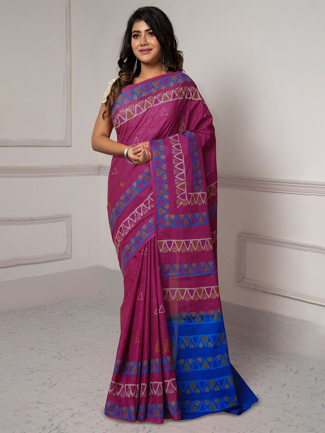 

Unnati Silks Ethnic Motifs Printed Pure Cotton Handloom Block Print Saree, Pink