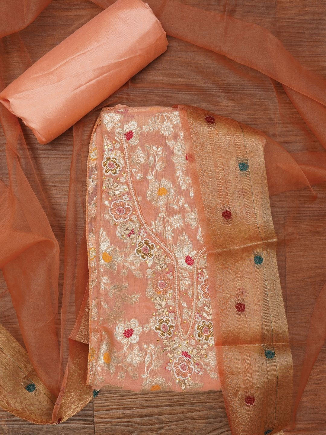 

Jaipur Kurti Zari Brocade Cotton Dress Material with Dupatta, Peach