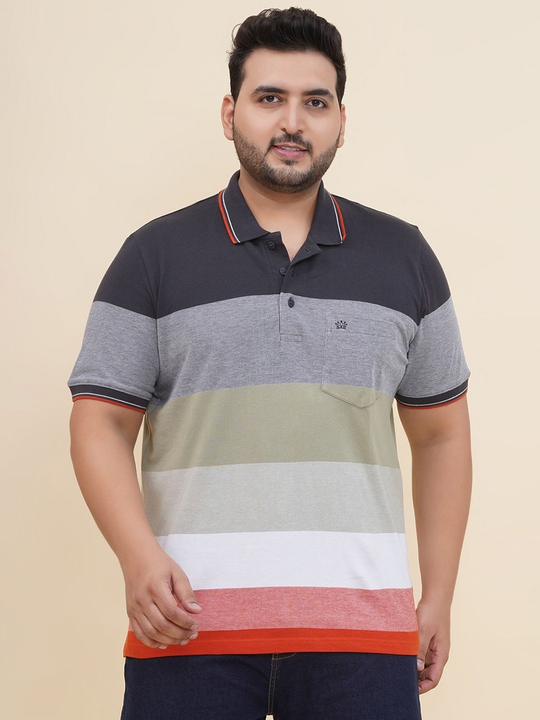 

John Pride Men Striped Polo Collar Plus Size Cotton T-shirt, Grey