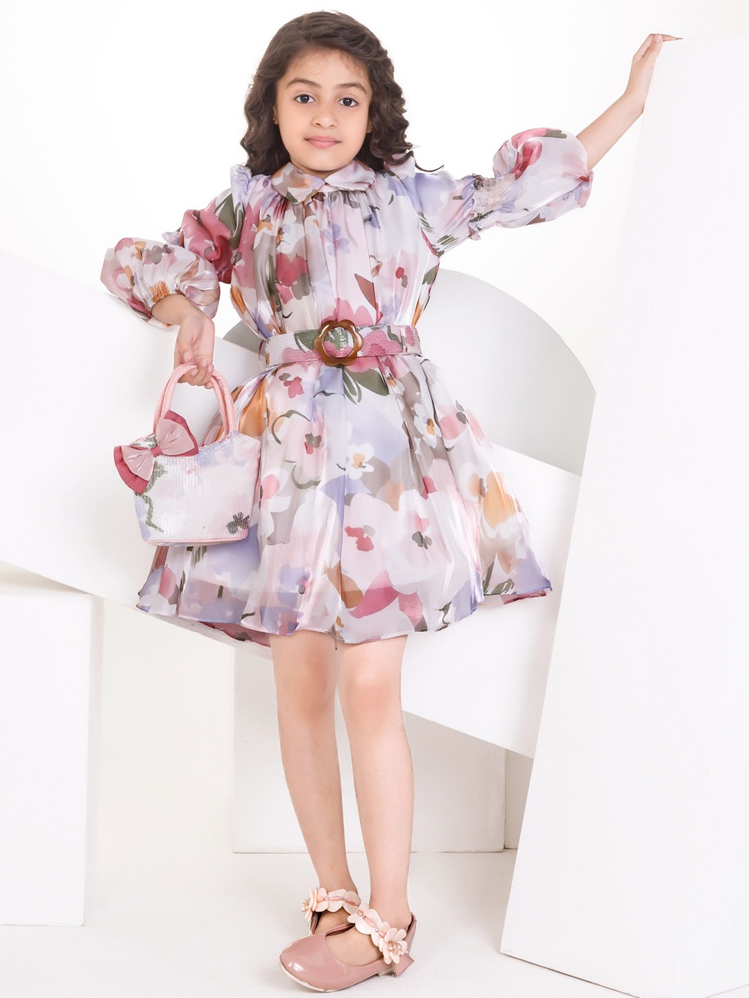 

Peppermint Kids-Girls Floral Print Fit and Flare Dress Comes with a belt, Multi