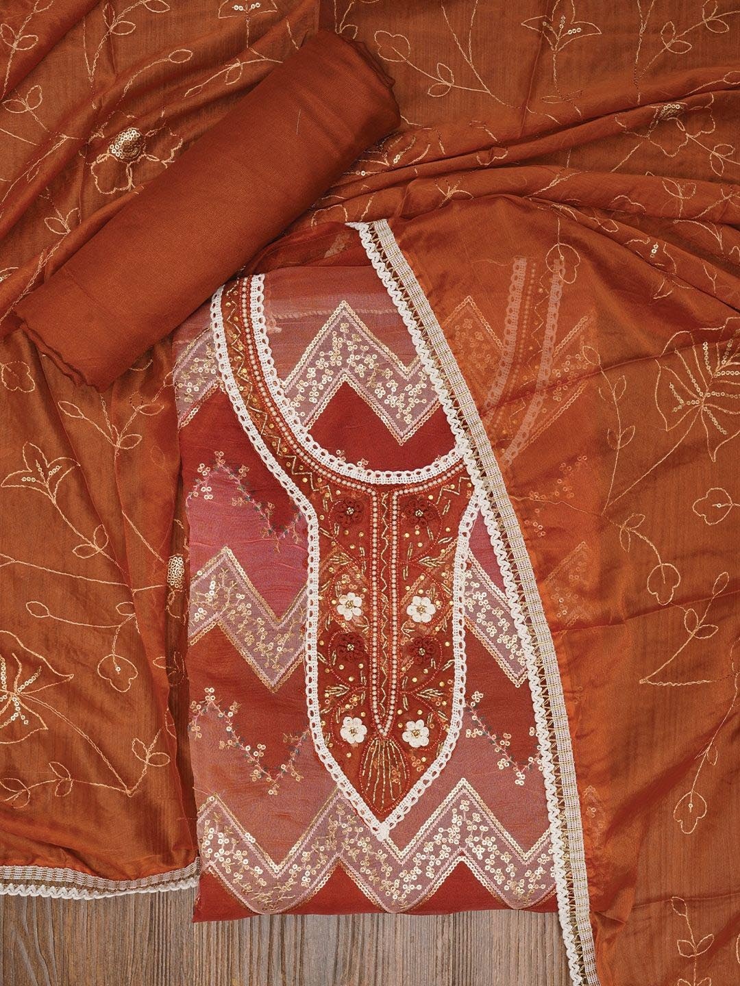 

Jaipur Kurti Sequin Embroidered Organza Dress Material with Dupatta, Rust