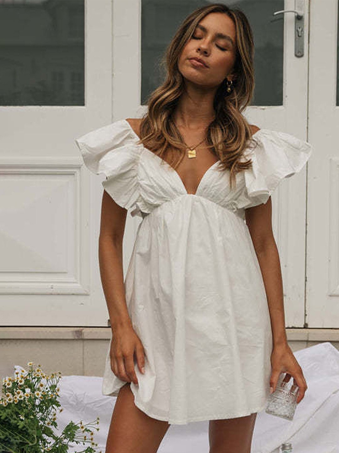 

LULU & SKY Checked Flutter Cotton Sleeve A-Line Dress, White