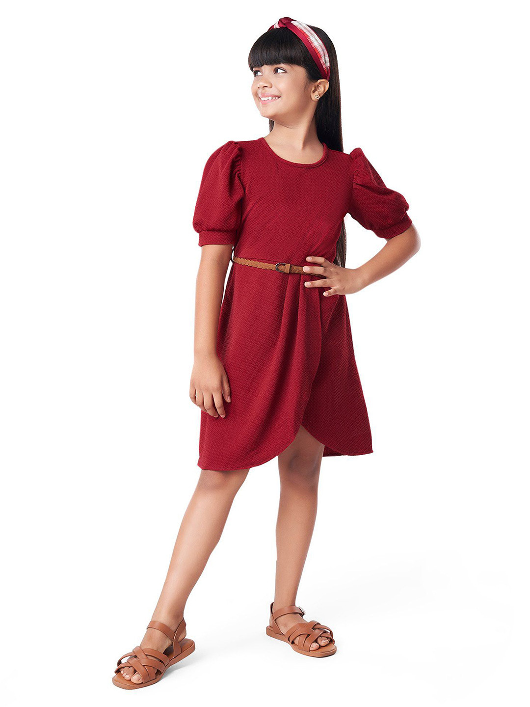 

Hola Bonita Girls Solid Puff Sleeve A-Line Dress, Red