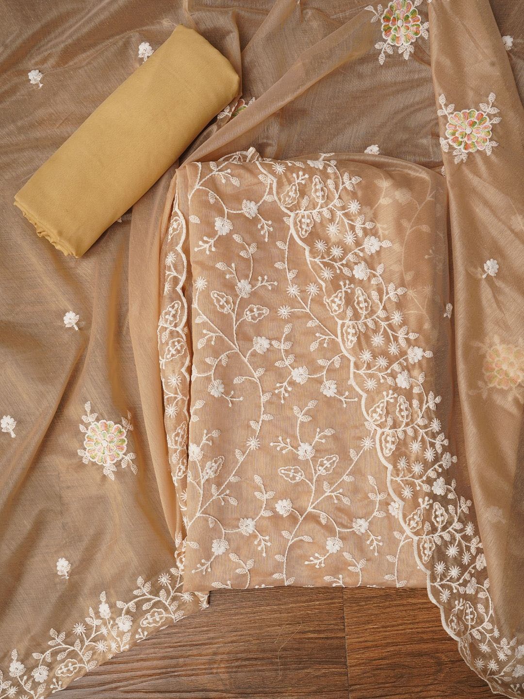 

Jaipur Kurti Cotton Lucknowi Embroidered Dress Material with Dupatta, Beige