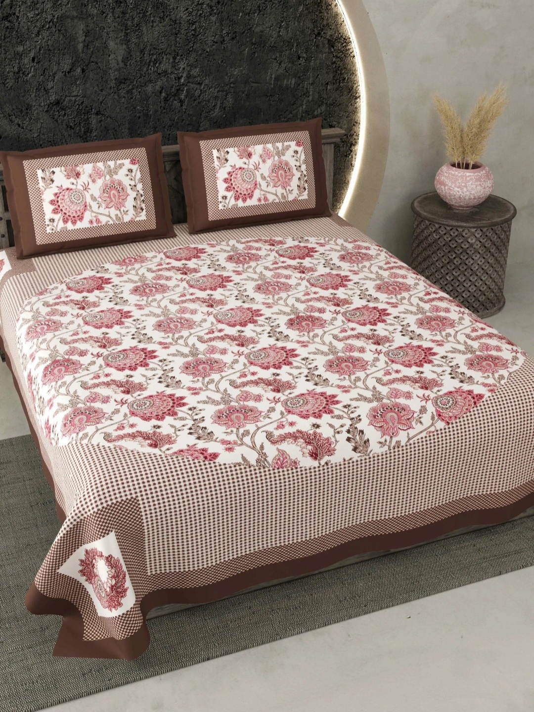 

LIVING ROOTS White & Pink Ethnic Motifs Cotton 210 TC King Bedsheet with 2 Pillow Covers