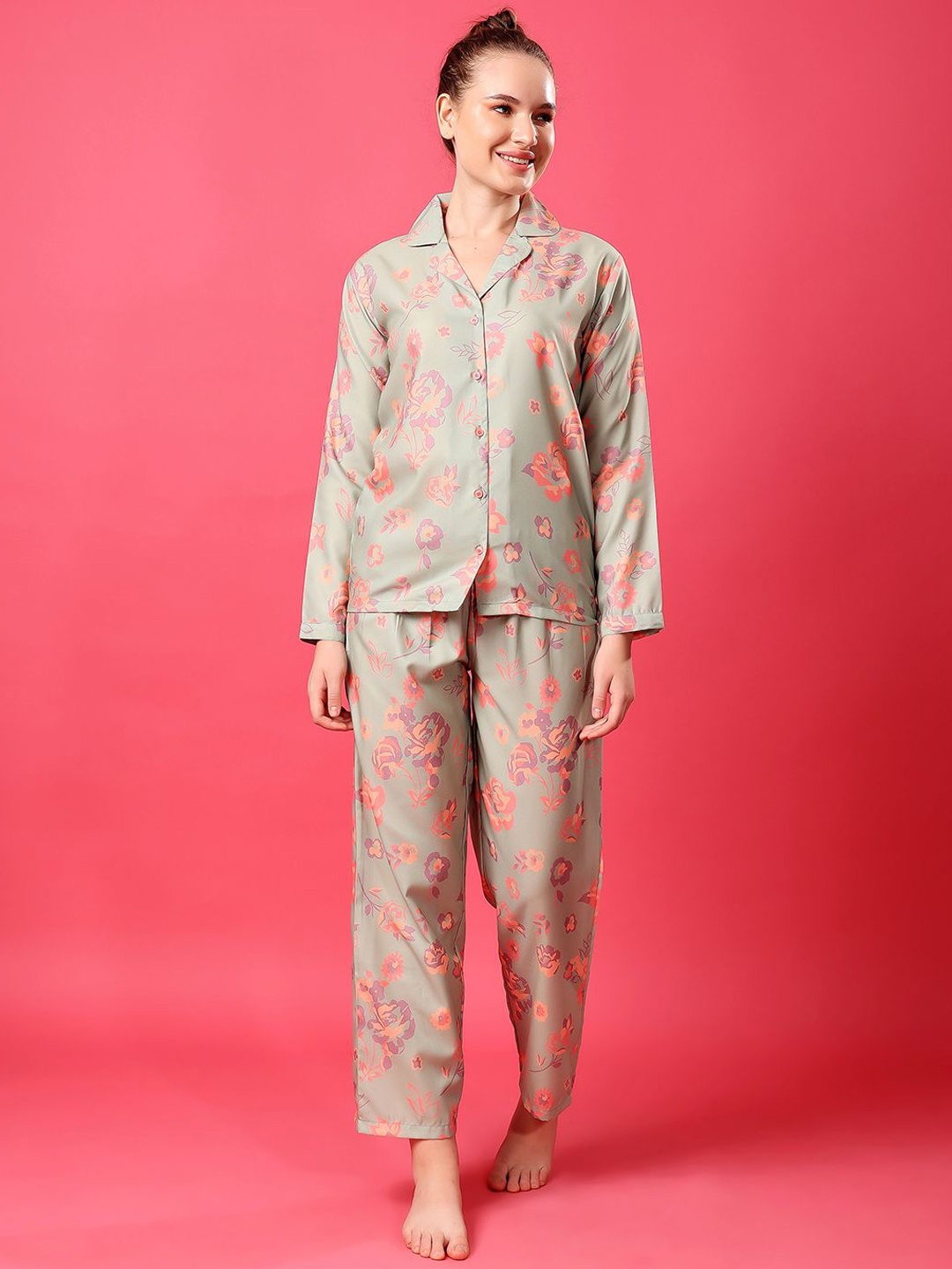 

Cation Women Floral Printed Night suit, Green