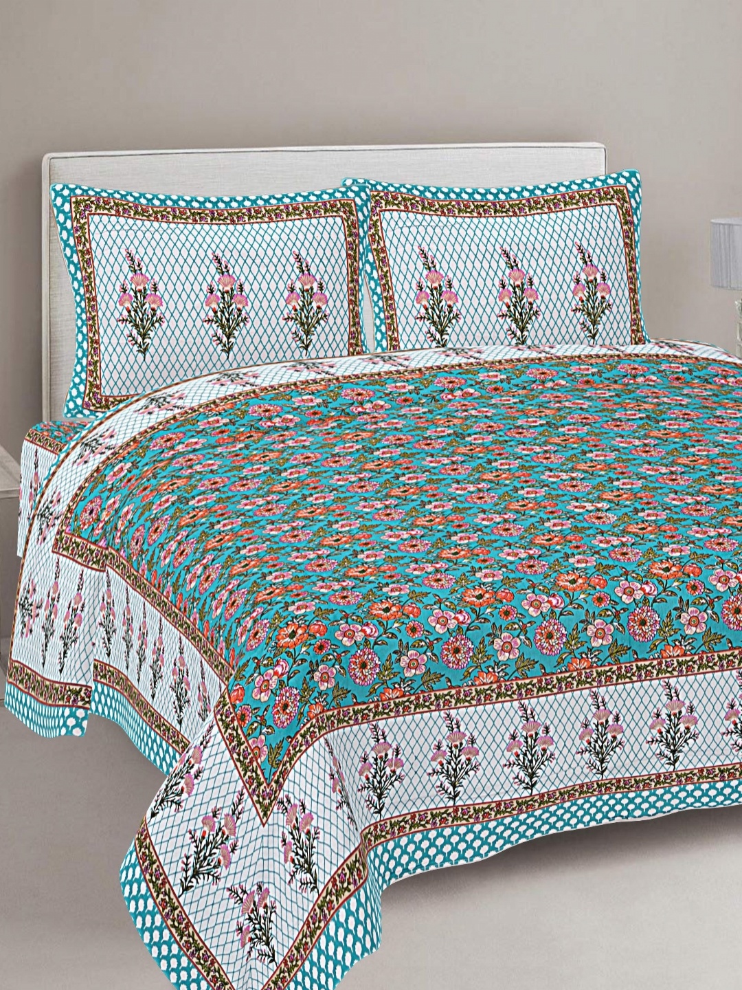 

FrionKandy Living Turquoise Blue Printed Cotton 180 TC King Bedsheet With 2 Pillow Covers