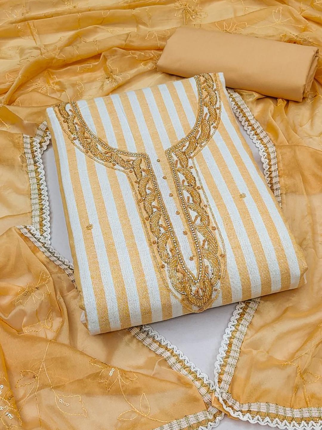 

ASISA Striped Beads and Stones Pure Cotton Unstitched Dress Material, Yellow