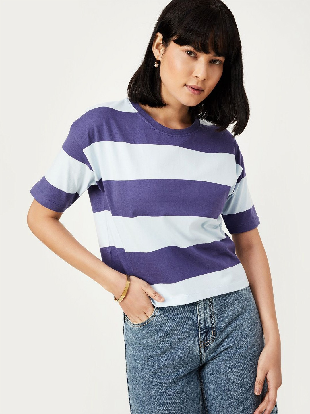 

max Women Striped Round Neck Cotton T-shirt, White