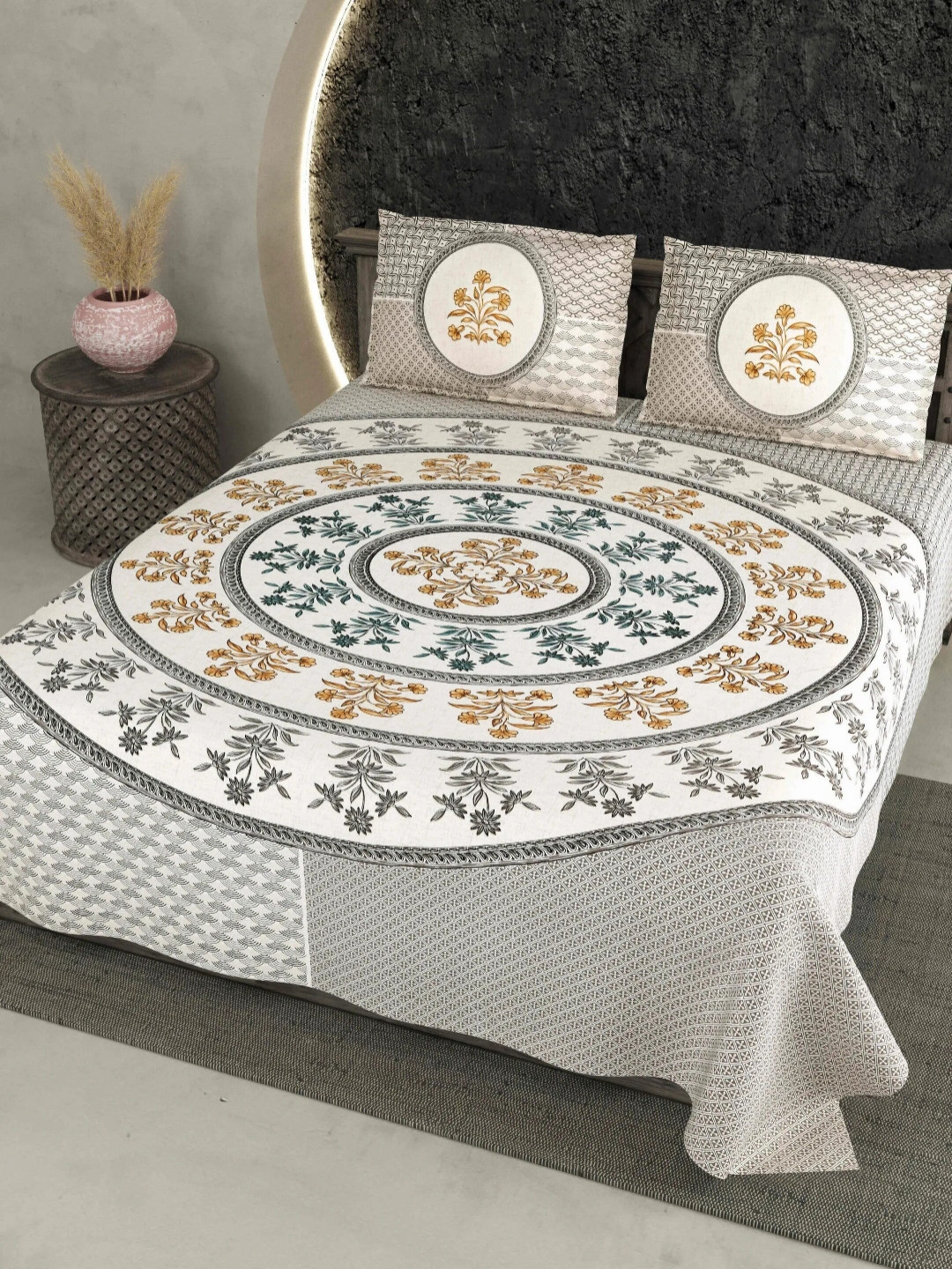 

LIVING ROOTS Grey & Brown Floral Cotton 210 TC King Bedsheet with 2 Pillow Covers