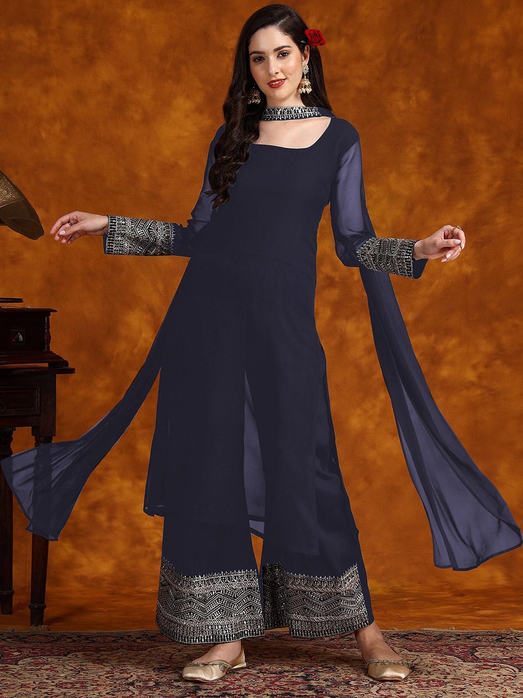 

Sangria Embroidered Thread Work Straight Kurta With Palazzo With Dupatta, Navy blue