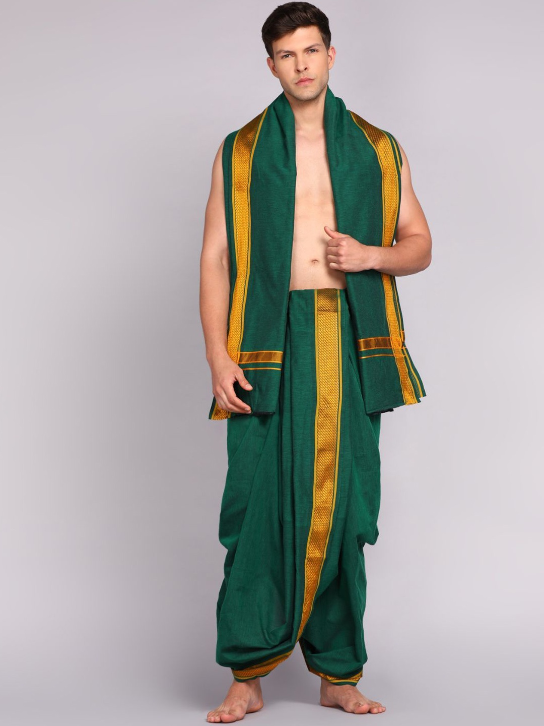 

Ethazh Men Cotton Dhotis With Angavastram, Green