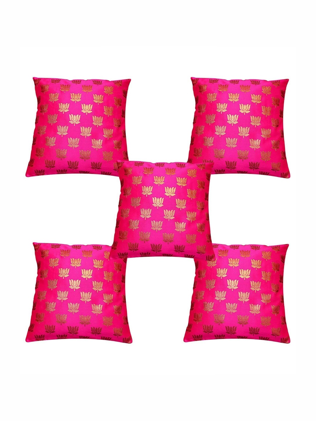 

Pink Parrot Pink & Gold-Toned 5 Pieces Floral Zari Square Cushion Covers