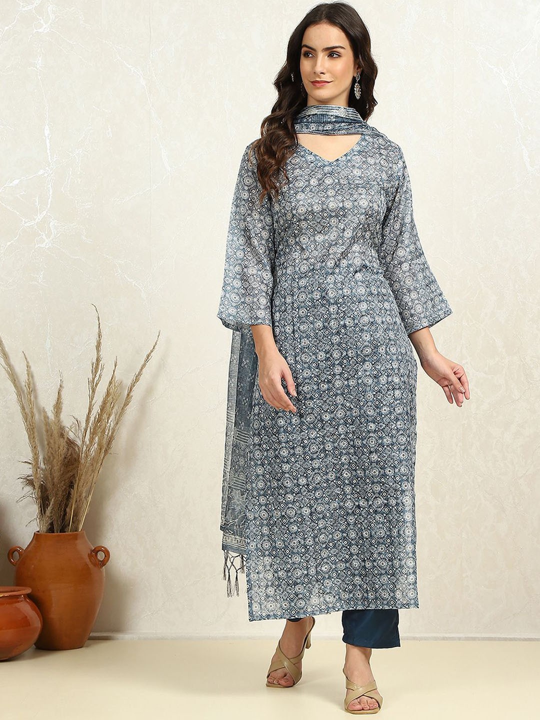 

Biba Floral Embroidered Unstitched Dress Material, Blue