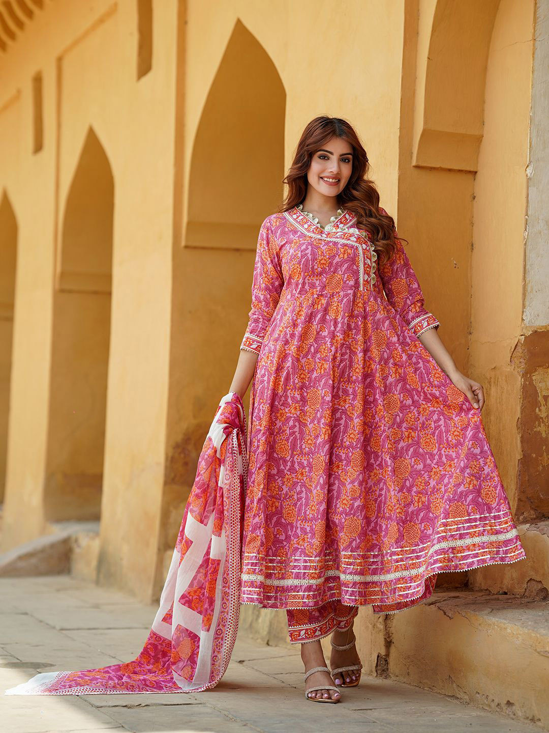 

KALINI Floral Printed Angrakha Pure Cotton Anarkali Kurta With Trousers & Dupatta, Pink