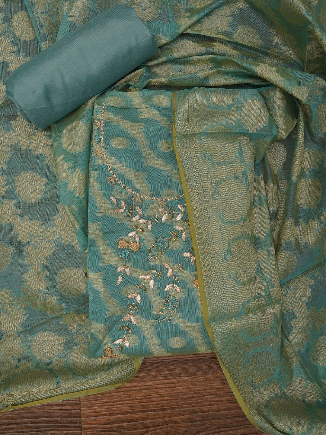 

Jaipur Kurti Zari Woven Silk Blend Dress Material with Dupatta, Sea green