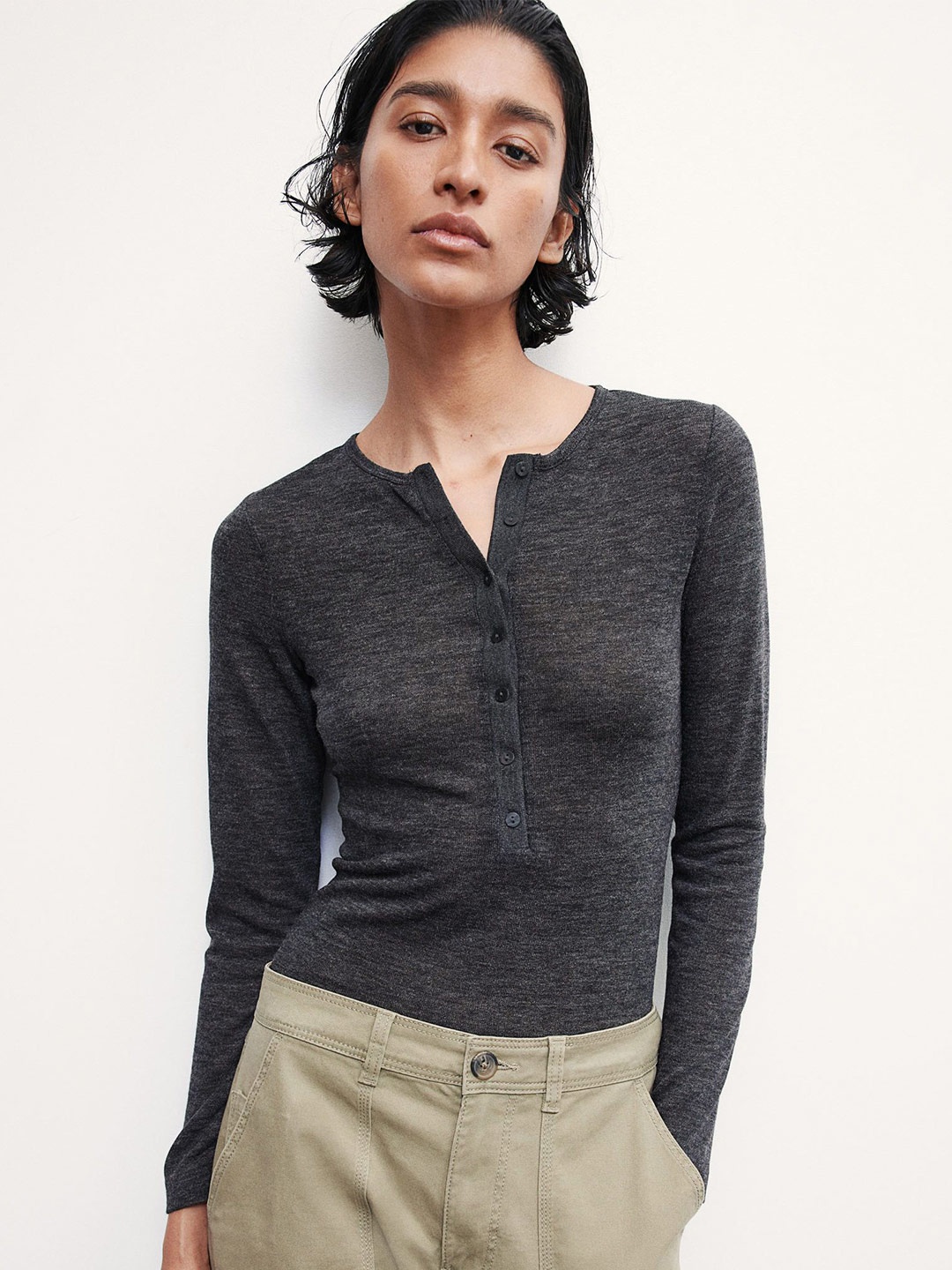 

H&M Fine-Knit Henley Top, Grey