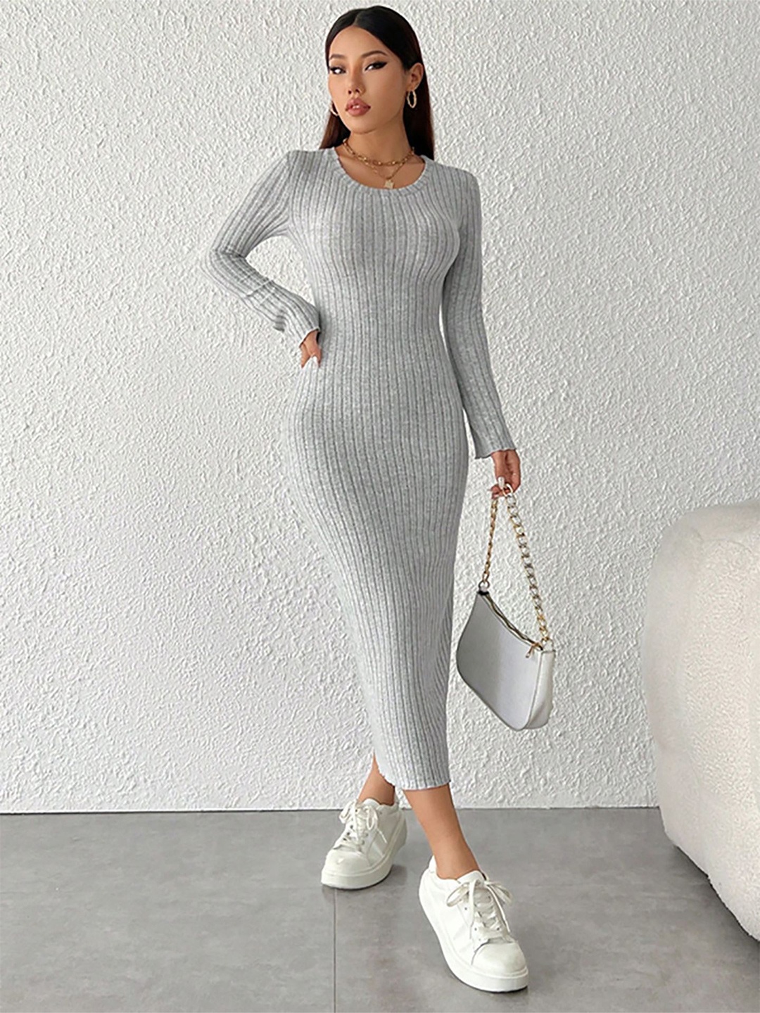 

StyleCast x Revolte Solid Striped Bodycon Midi Dress, Grey