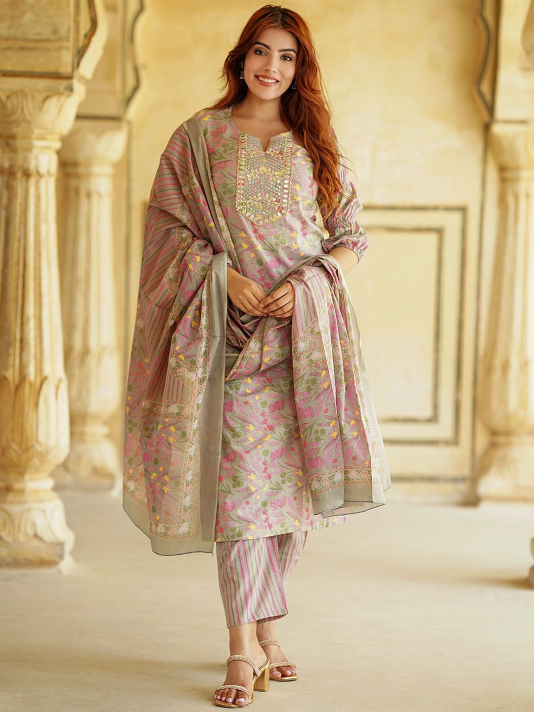 

KALINI Floral Printed Thread Work Pure Cotton Straight Kurta With Trousers & Dupatta, Mauve