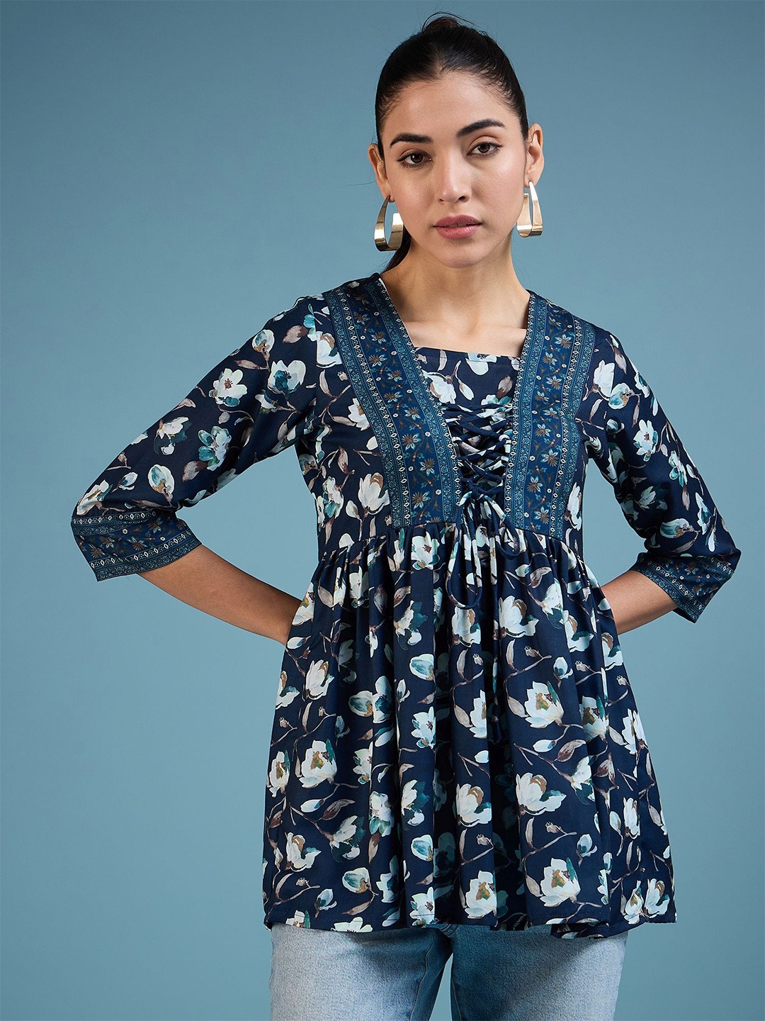 

VIRICA Women Floral Printed Square Neck Top, Navy blue