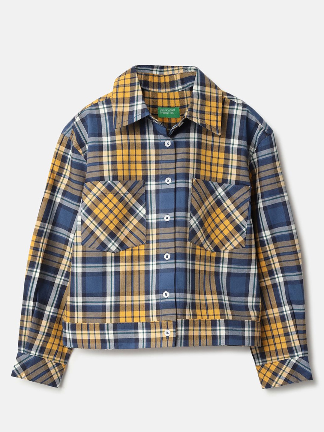 

United Colors of Benetton Girls Classic Spread Collar Tartan Checked Cotton Casual Shirt, Blue