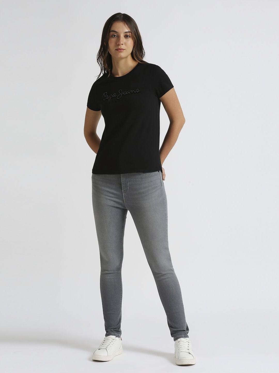 

Pepe Jeans Women Typography Printed Round Neck Pure Cotton T-shirt, Black