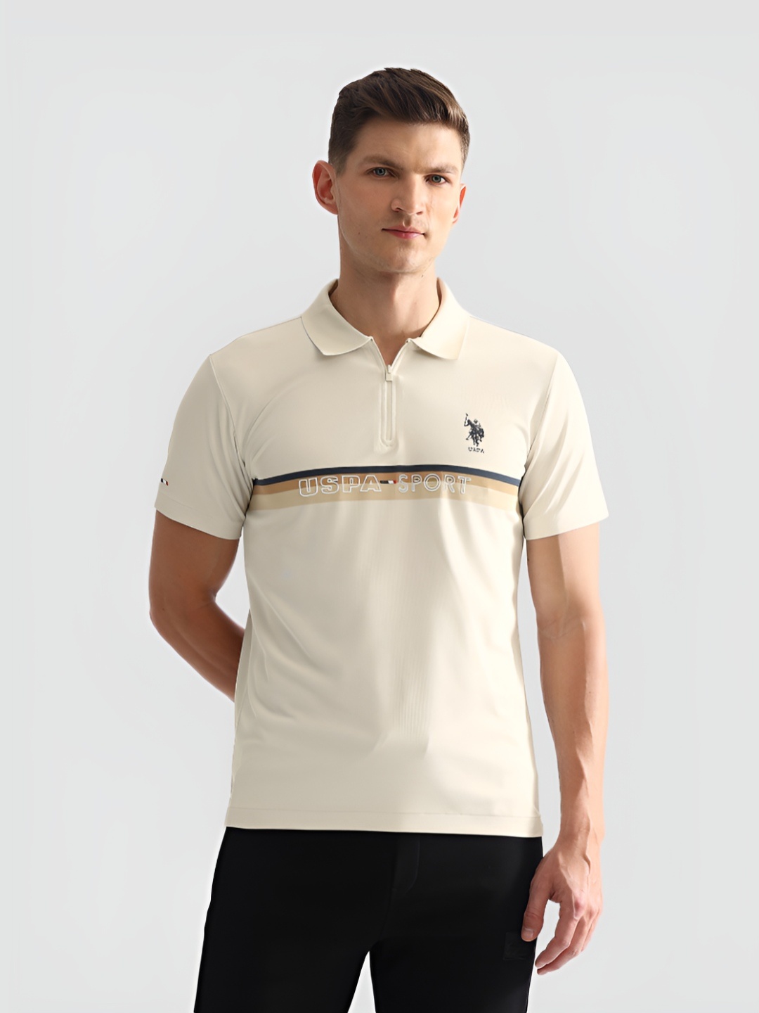 

U.S. Polo Assn. Men Typography Printed Polo Collar Pure Cotton T-shirt, Beige