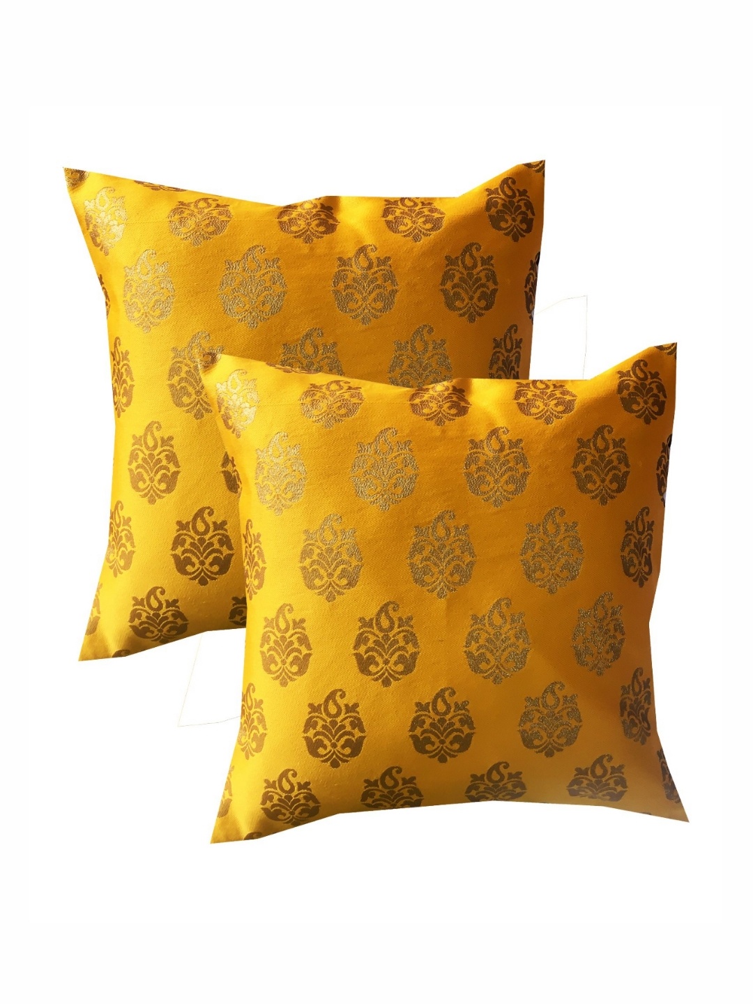 

Pink Parrot Yellow & Gold Toned 2 Pieces Ethnic Motifs Printed Square Cushion Covers