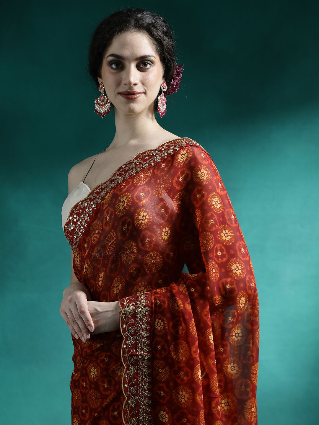 

Sangria Printed Floral Embroidered Saree With Blouse Piece, Red