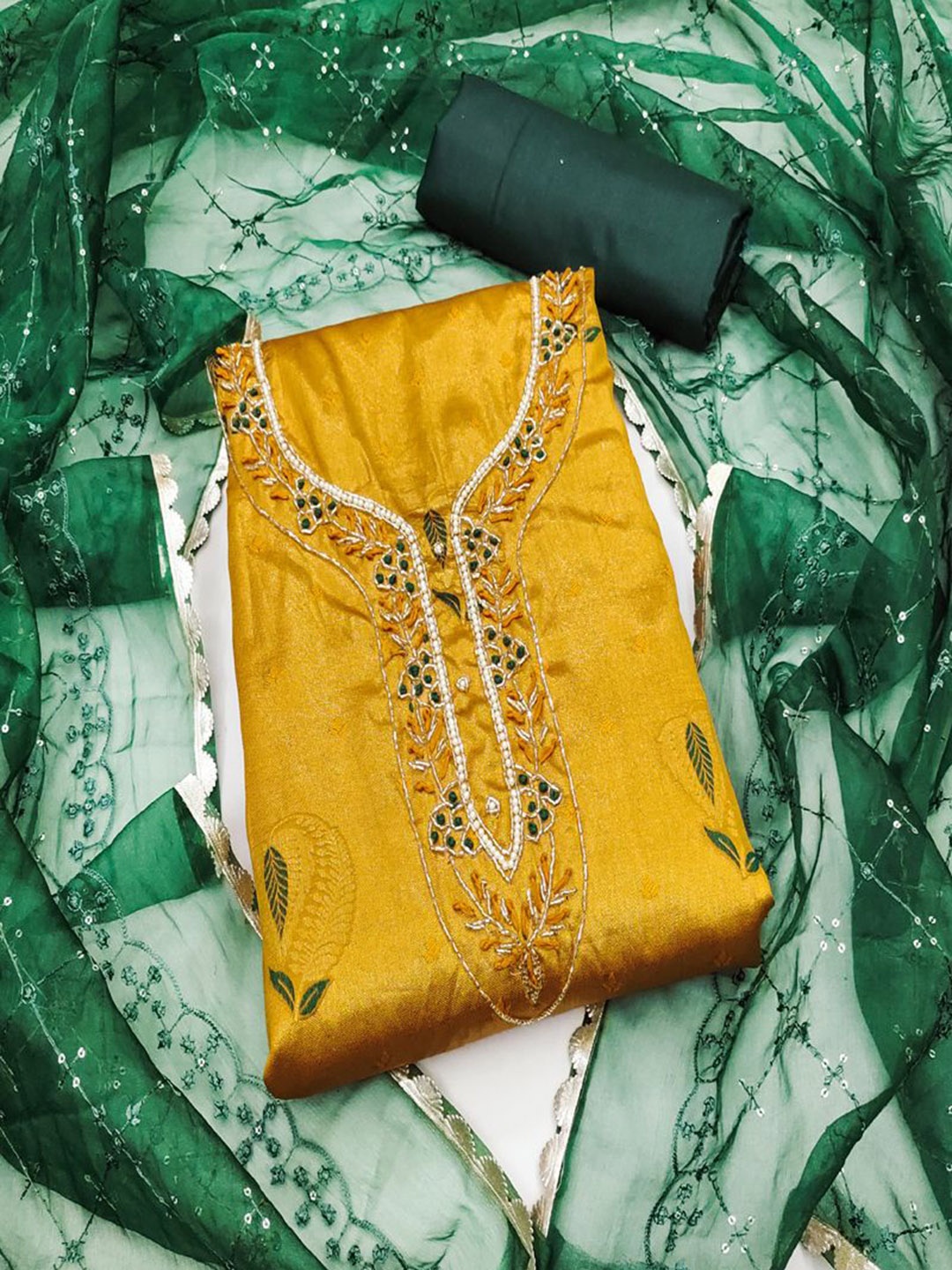

ASISA Floral Embroidered Beads and Stones Organza Unstitched Dress Material, Yellow