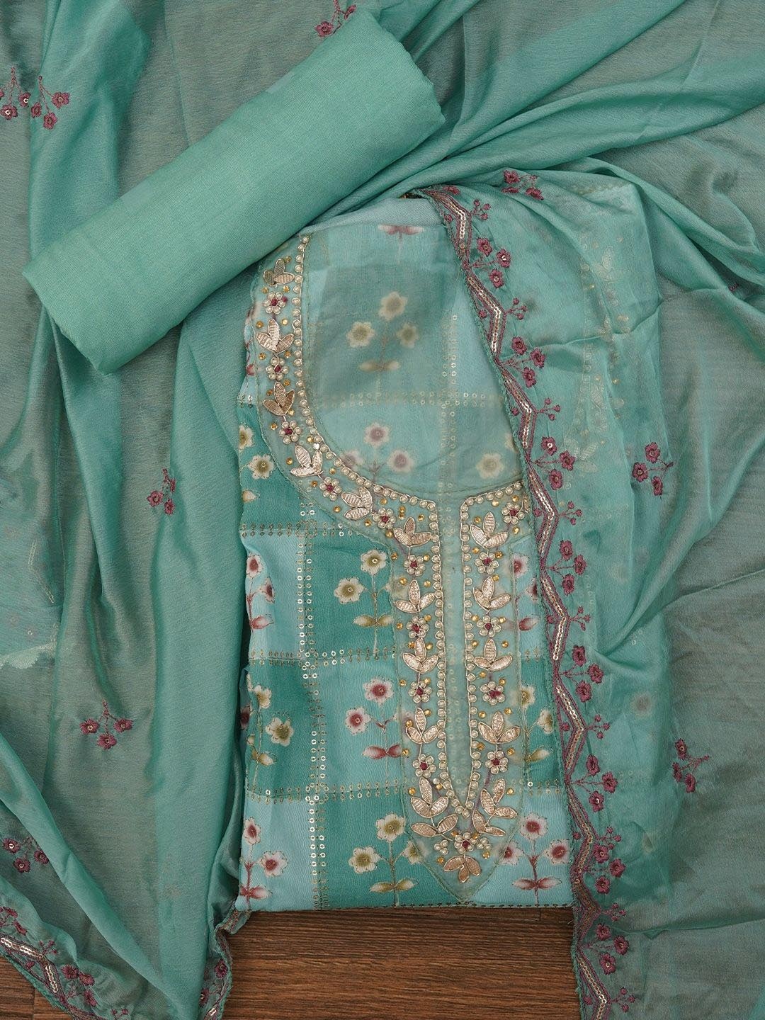 

Jaipur Kurti Sequin Embellished Silk Blend Dress Material with Dupatta, Green