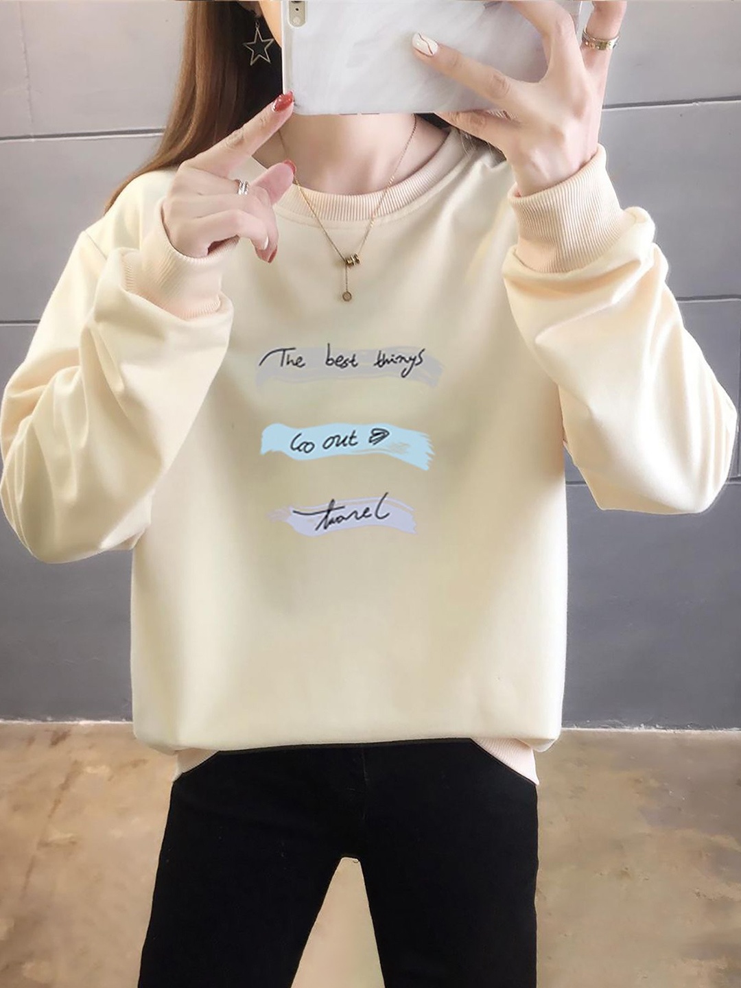 

StyleCast x Revolte Typography Printed Cotton Longline Sweatshirt, Beige