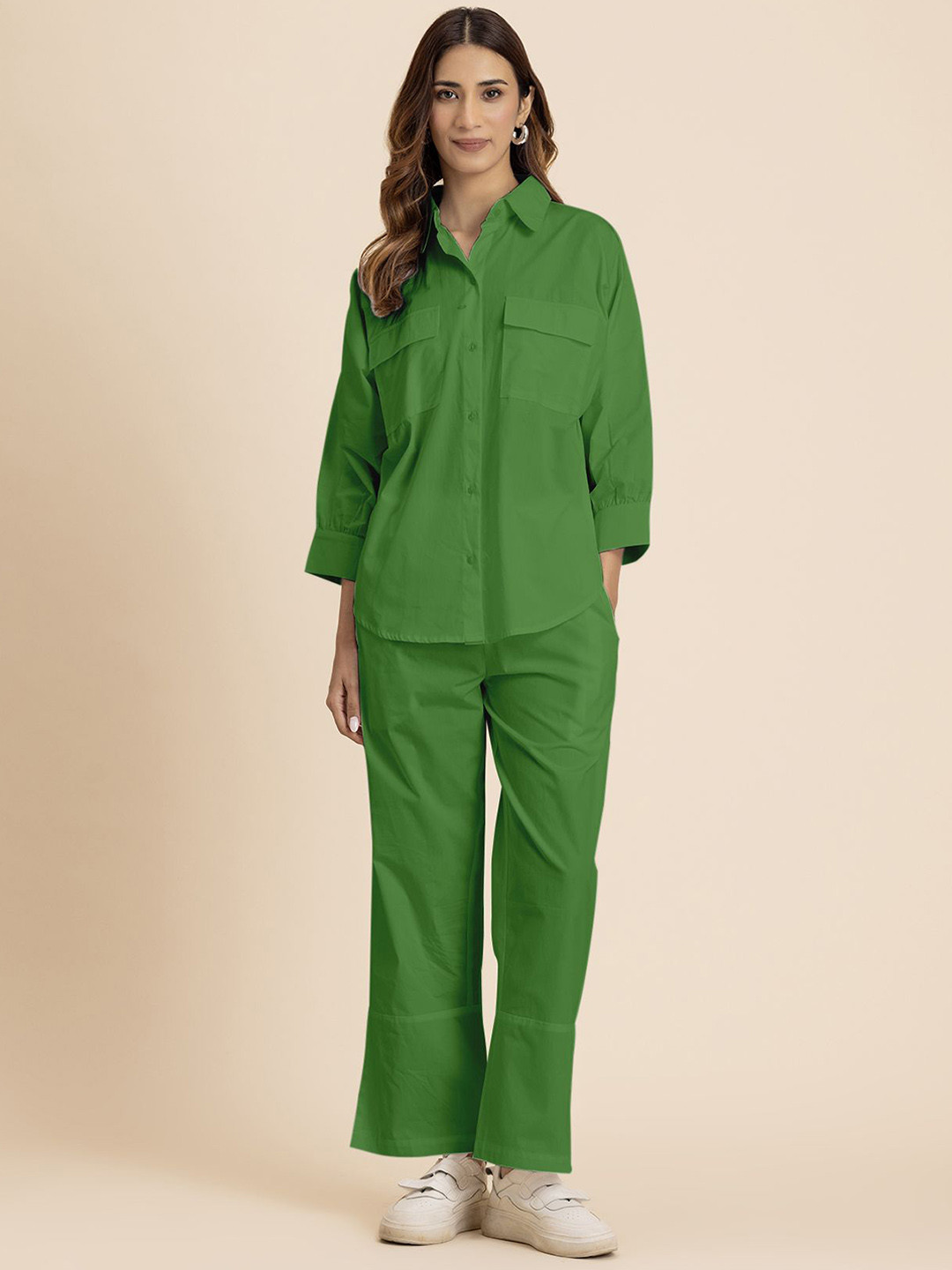 

Moomaya Cuffed Sleeves Pure Cotton Shirt With Trousers, Green