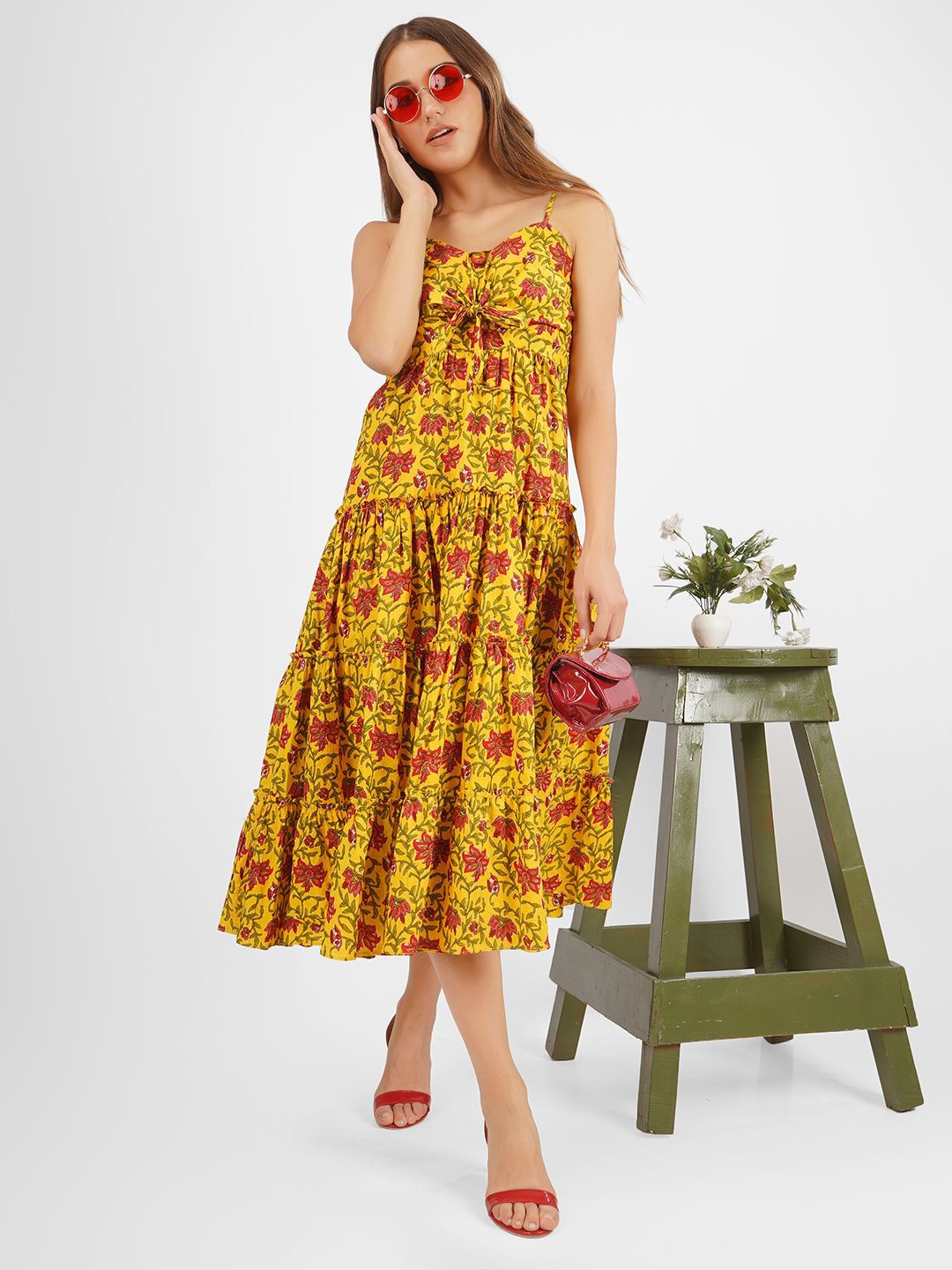 

angloindu Floral Print Strapless Pure Cotton Maxi Dress, Yellow