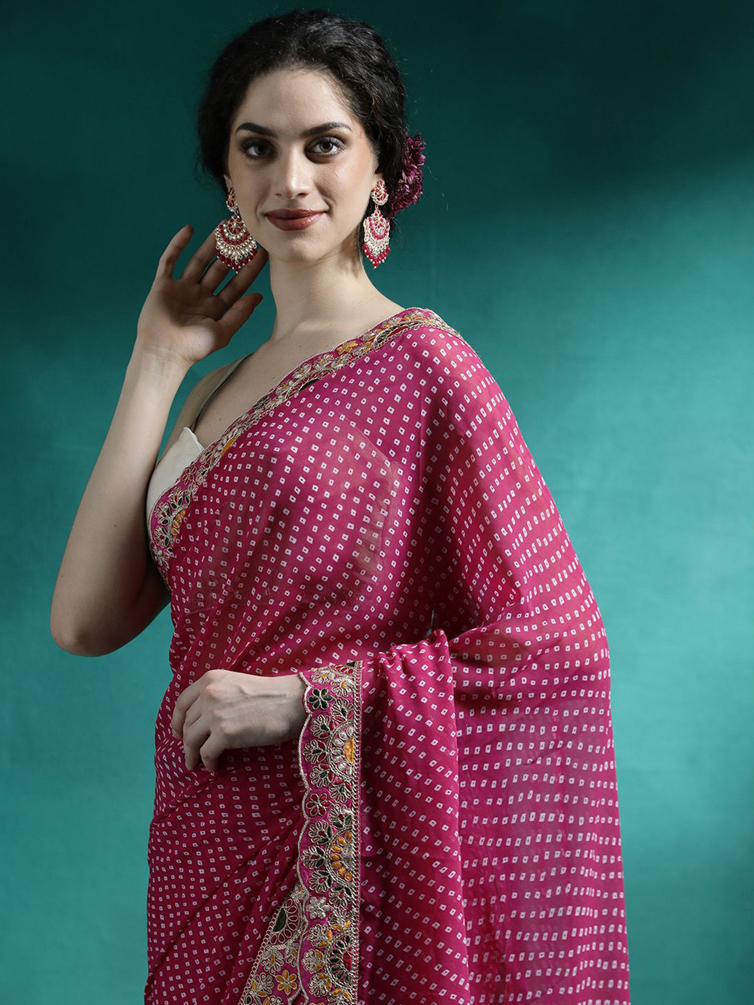 

Sangria Bandhni Print Embroidered Saree, Pink