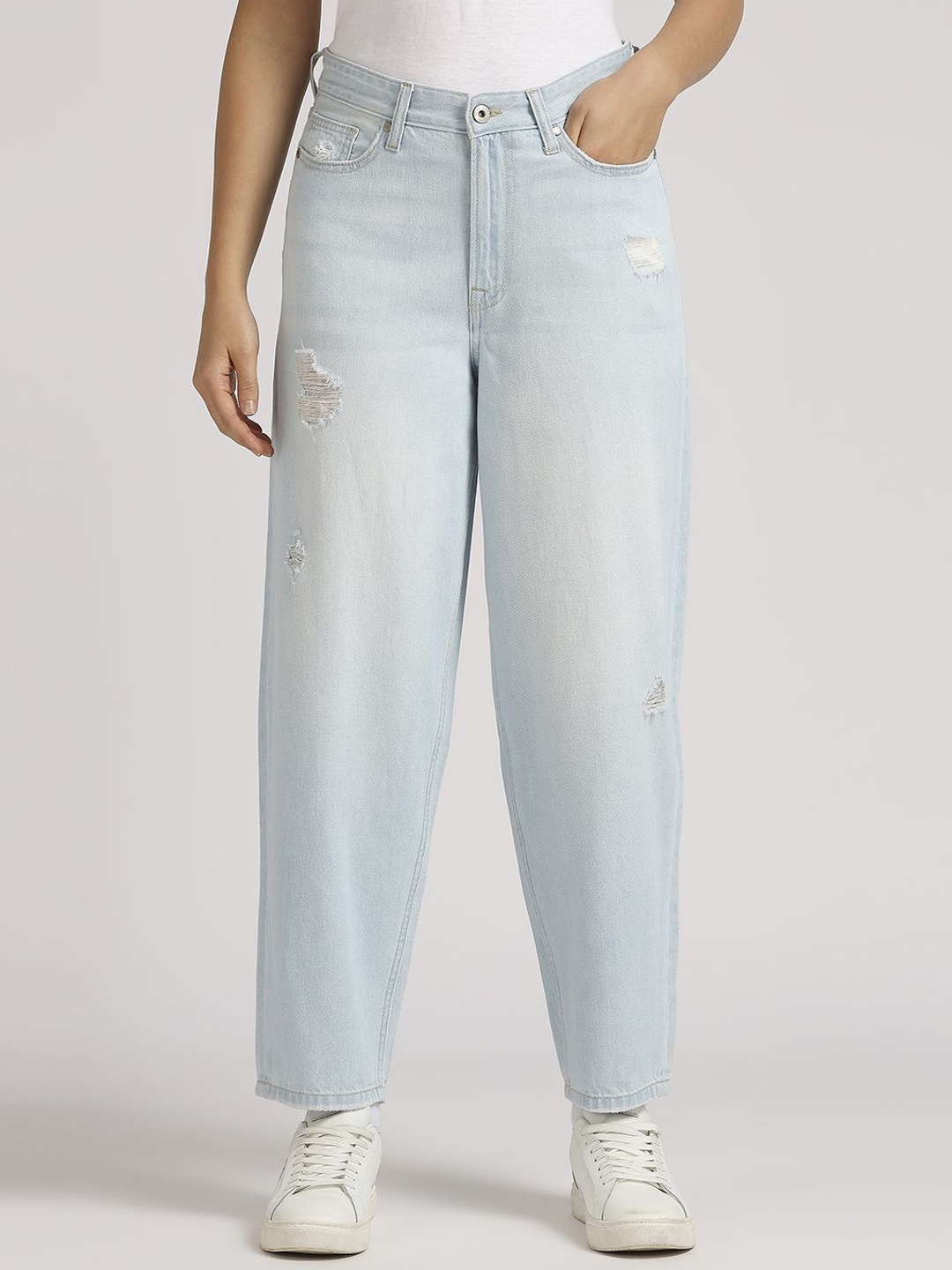 

Pepe Jeans Women Straight Fit High-Rise Mildly Distressed Heavy Fade Jeans, Blue