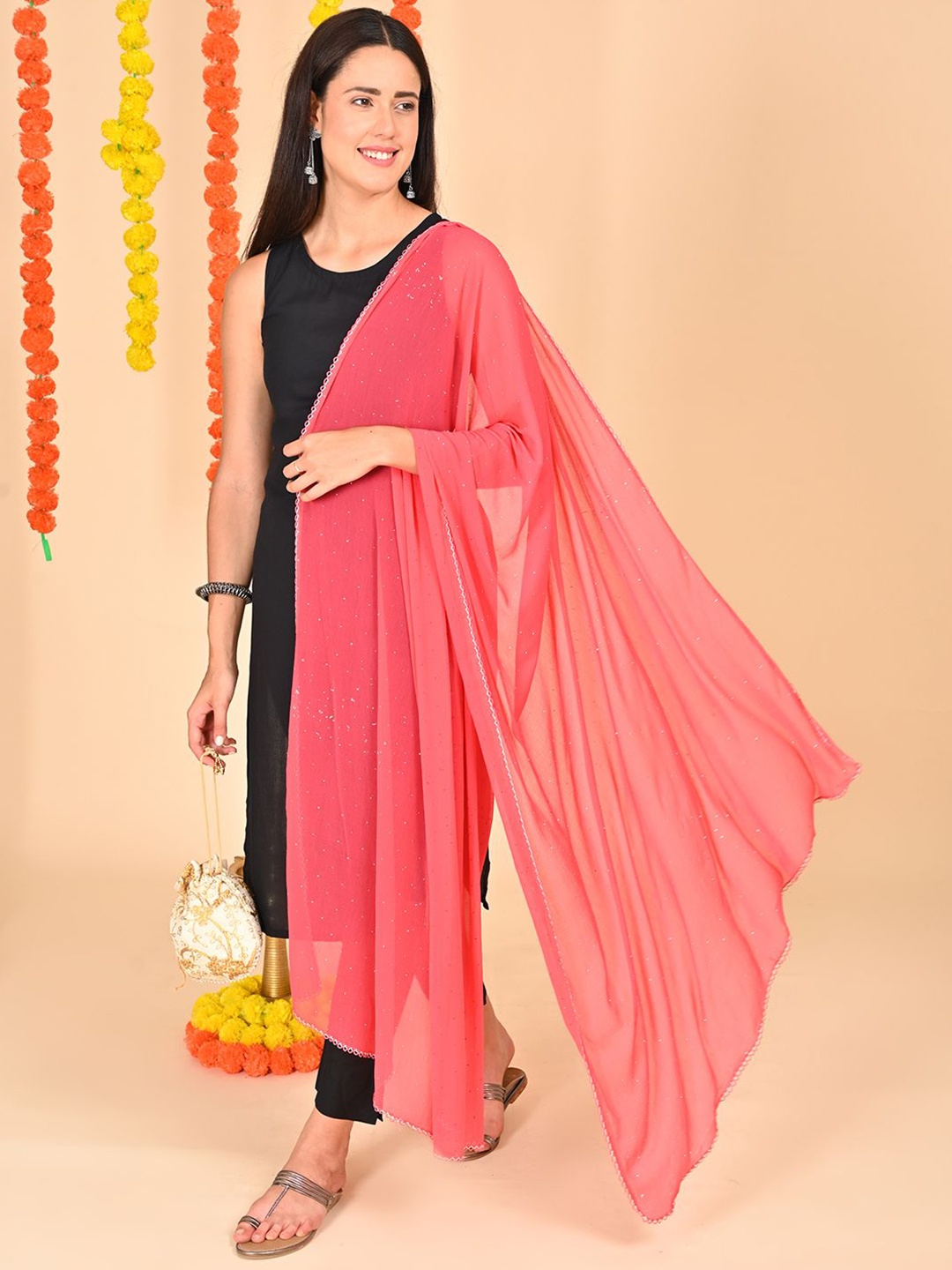 

HELLA FASHIONS Polka Dots Foil Print Chiffon Dupatta, Coral