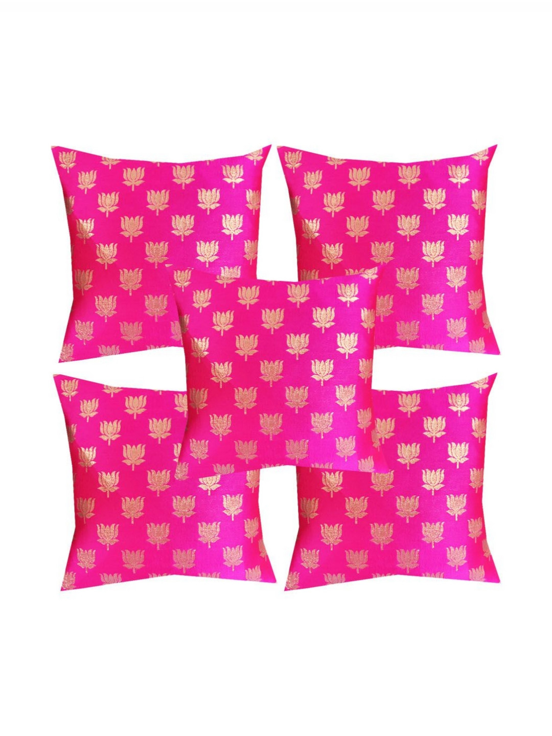 

Pink Parrot Pink & Gold-Toned 5 Pieces Ethnic Motifs Square Jacquard Zari Cushion Covers