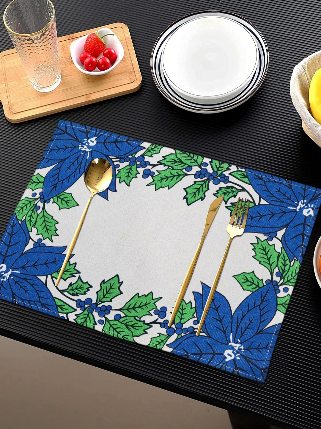 

ANA Orange-Coloured & Green 4 Pieces Floral Cotton Rectangle Table Placemats, Blue