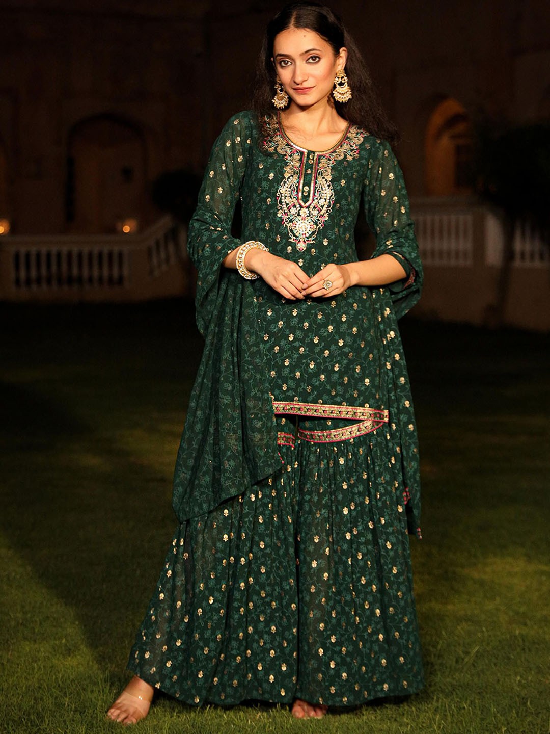

Juniper Floral Printed Thread Work Straight Georgette Kurta With Sharara & Dupatta, Green