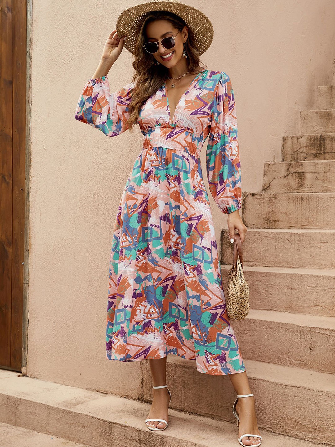 

StyleCast x Revolte Women Abstract Printed A-Line Midi Dress, Pink