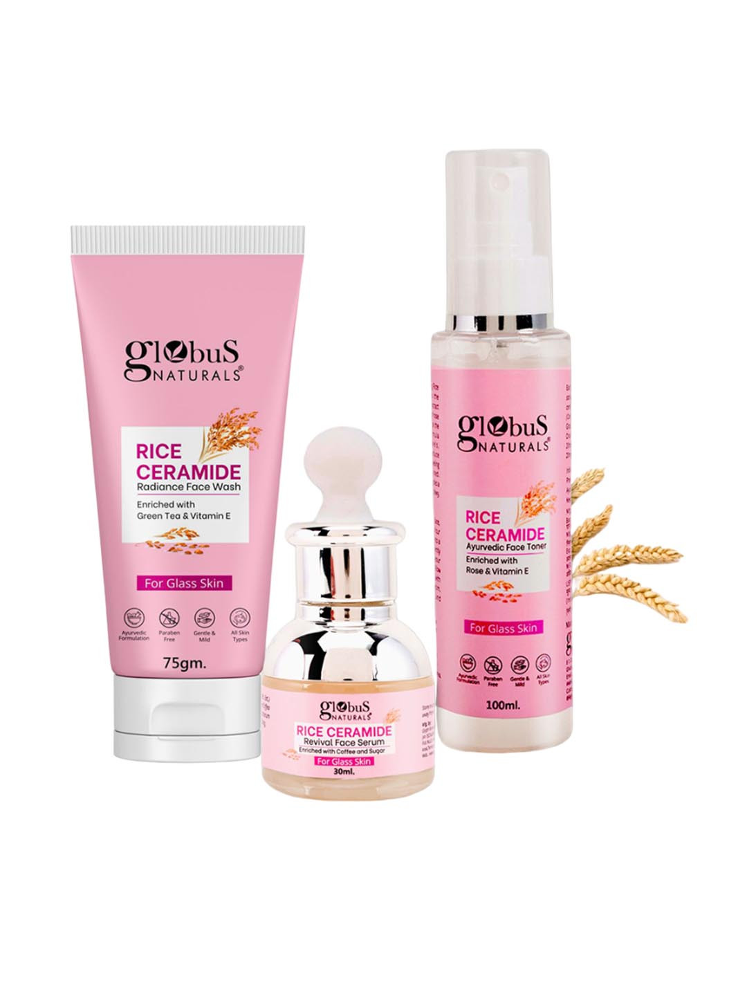 

Globus naturals Set Of 3 Rice Ceramid Face Toner-100ml, Serum-30ml & Face Wash-75g, Na