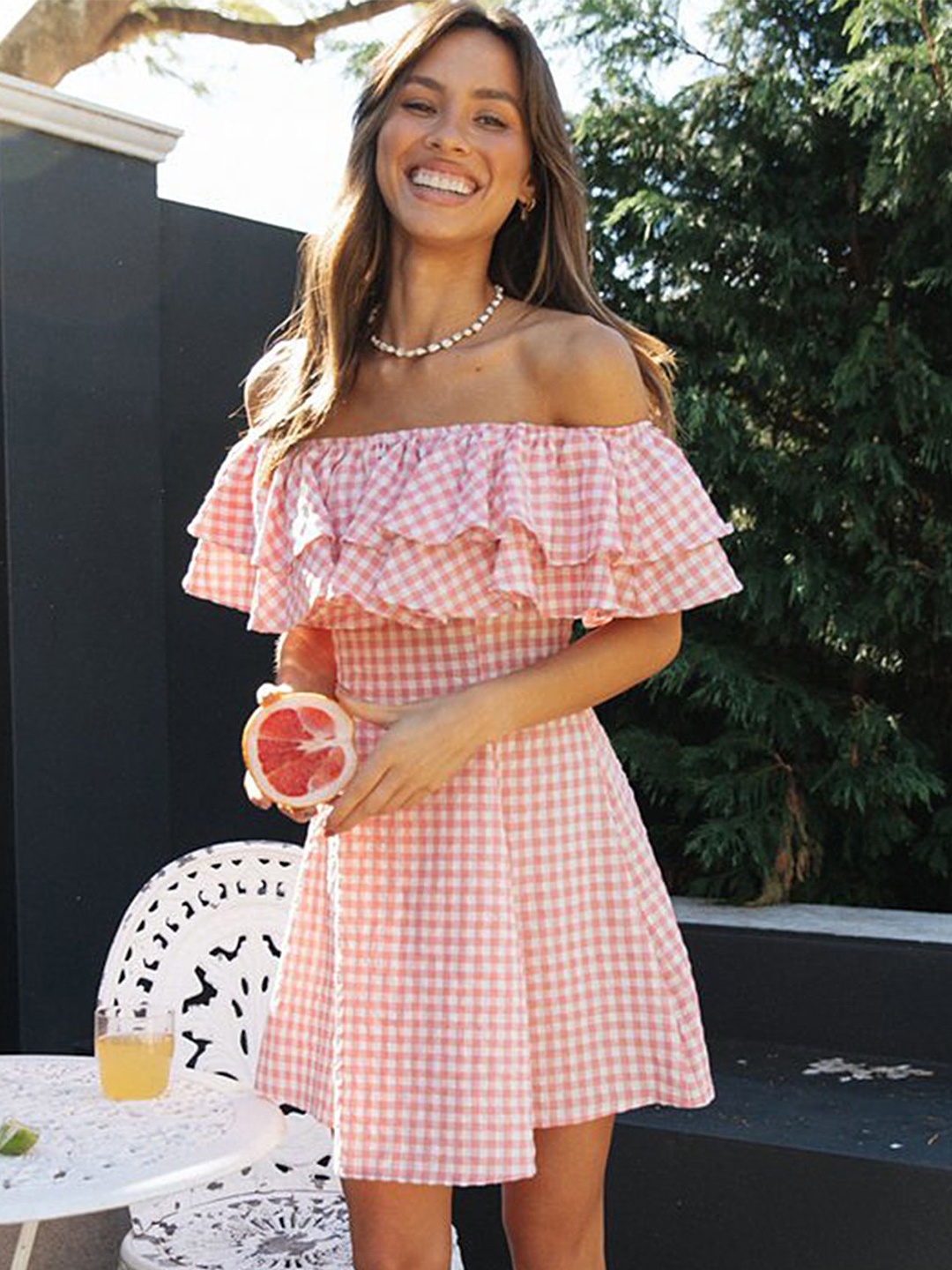 

LULU & SKY Women Checked Off-Shoulder A-Line Dress, Pink